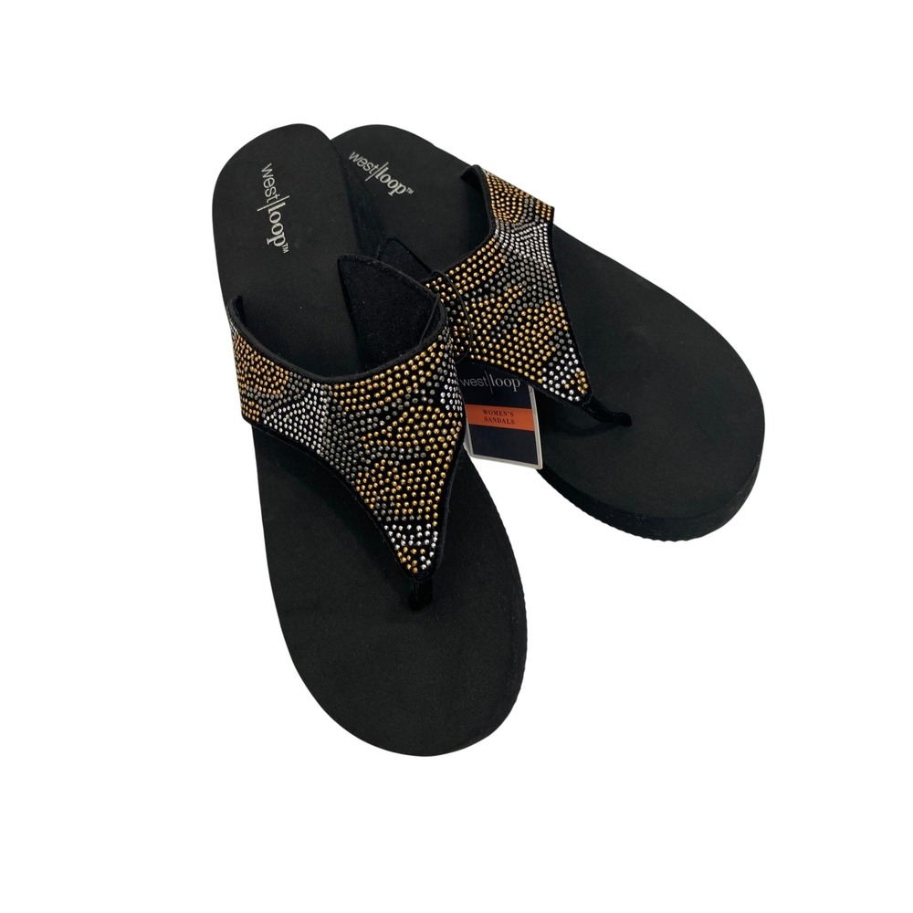 West Loop‎ Platform Flip Flop Sandals Womens L 9/10 Black Gold Silver Rhinestone